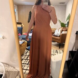 1242NWT Birdy Grey Kira Chiffon Bridesmaids Asymmetrical Dress Terracotta Medium